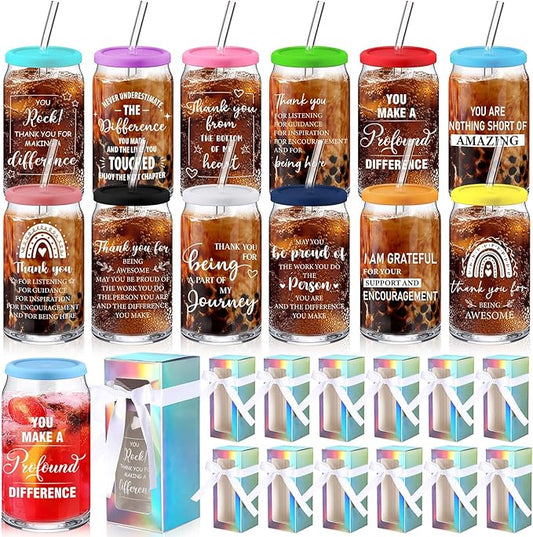 Layhit 12 Set Employee Appreciation Gifts Thank You Glass Cups for Staff Coworker 16 oz Can Shaped Beer Glass with Lids Straws Brushes Gift Boxes Ribbon for Nurse Teacher Week Mothers Day(Team B)