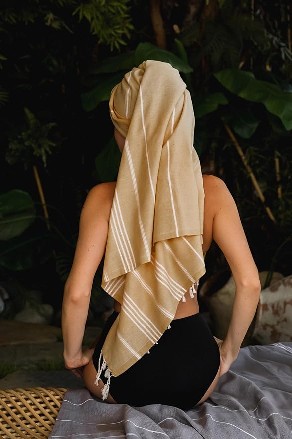 Madamelique Turkish Beach Towel Oversized - 39 x 74 - Prewashed Beach Towels Oversized - Quick Dry - Sand Free - Beach Essentials - Travel Towel - Hand Loomed (Mediterranean Without Bag, Gold)