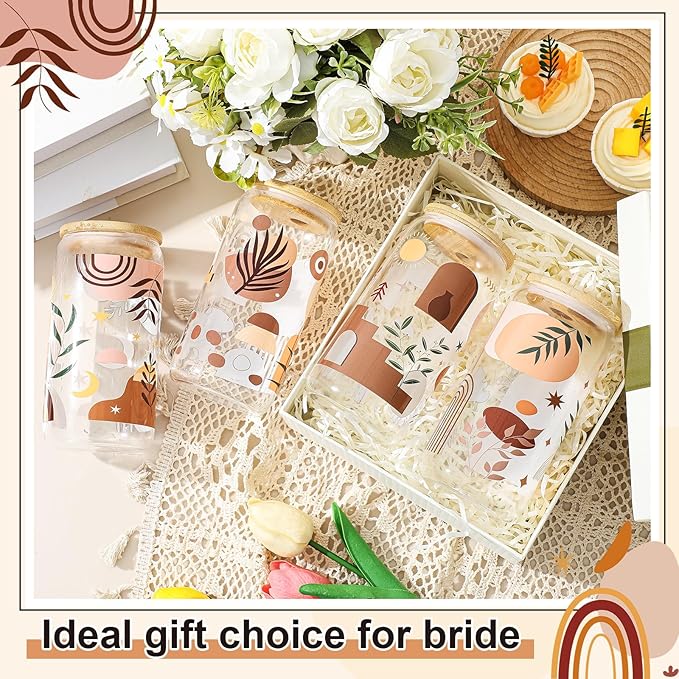 Mumufy 4 Pack Bohemian Neutral Aesthetic 16 oz Glass Cup Tumbler with Bamboo Lid & Straw, Boho Rainbow Abstract Design Iced Coffee Mugs, Gift for Women Mom Sister Mothers Day Birthday