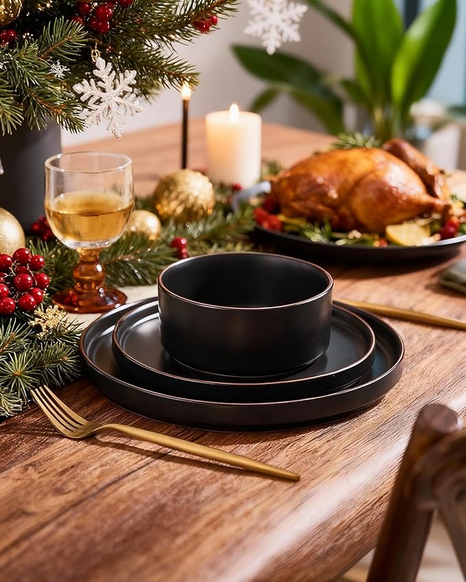 Famiware Nebula Ridge Stoneware Dinnerware Sets, Plates and Bowls Sets for 4, 12 Pieces Dishes Set, Microwave and Dishwasher Safe Kitchen Plates, Matte Black