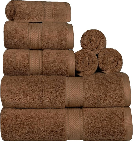 Superior Egyptian Cotton Pile 8 Piece Towel Set, Includes 2 Bath, 2 Hand, 4 Face Towels/Washcloths, Ultra Soft Luxury Towels, Thick Plush Essentials, Guest Bath, Spa, Hotel Bathroom, Chocolate