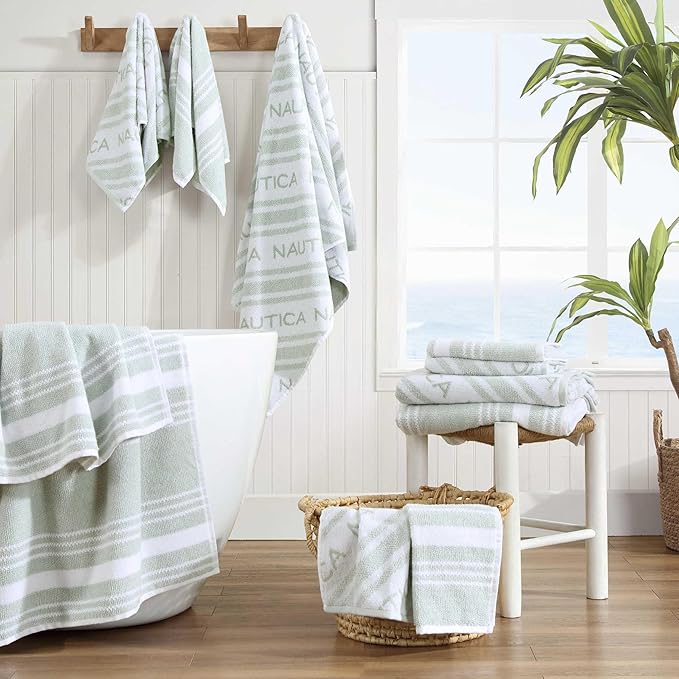 Nautica - Bath Towels, Soft & Absorbent Cotton Towels with Yarn Dye Terry Loops, Medium Weight Bathroom Towels (Windward Green, 6 Piece)