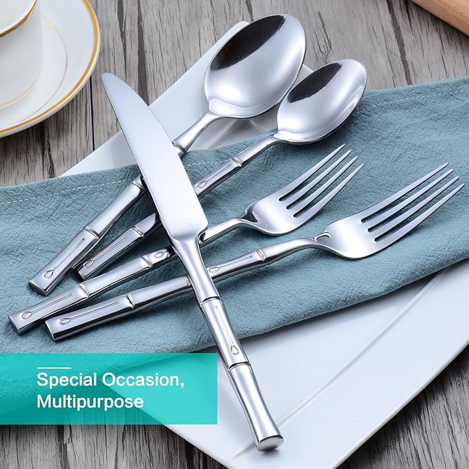 Silverware Set Silver Bamboo Handle Flatware Stainless Steel Heavy Cutlery Set 20 Pieces Mirror Polished Spoons Forks and Knives Service for 4