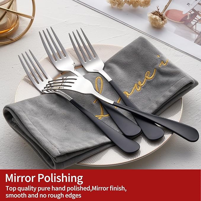 Black Dinner Fork, 18/0 Black handle Stainless Steel Satin Finish 8.1-inch Silverware Flatware Fork Set, Set of 24, Dishwasher Safe