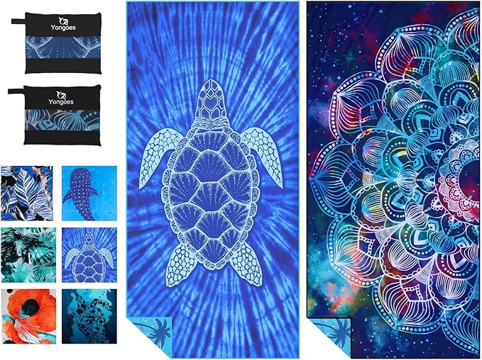 2 Pack Microfiber Lightweight Thin Beach Towel Sand Free Quick Dry Super Absorbent Large Towels for Swimming Pool Yoga Gym Travel Vacation Beach Accessories Essentials Turtle Mandala