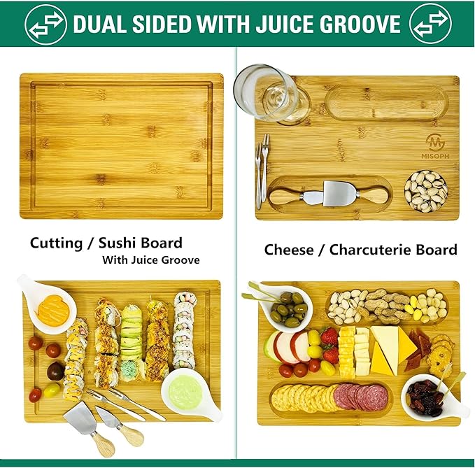 Bamboo Cheese Board with Knife, Bowl, Fork Set, Wood Charcuterie Platter & Food Serving Tray for Wine Glasses, Misoph Collection