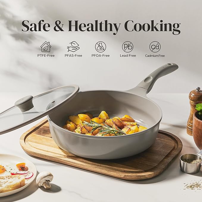 Redchef Deep Ceramic Frying Pan with Lid, Nonstick Saute Pan Cookware All Cooktop Compatibility, Stay-Cool Handles, PFOA Free, Healthy Coating, Tempered Glass Cover, Even Heat, Grey (3.7Qt, 10")