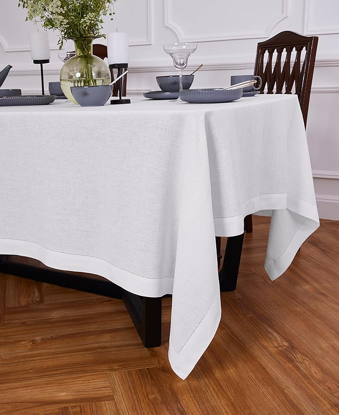 Solino Home White Linen Tablecloth 70 x 144 Inch - 100% Pure Linen Hemstitch Table Cloth for Rectangle Tables - Sonoma Hemstitch, Machine Washable Tablecloth for Valentines, Winter, New Year