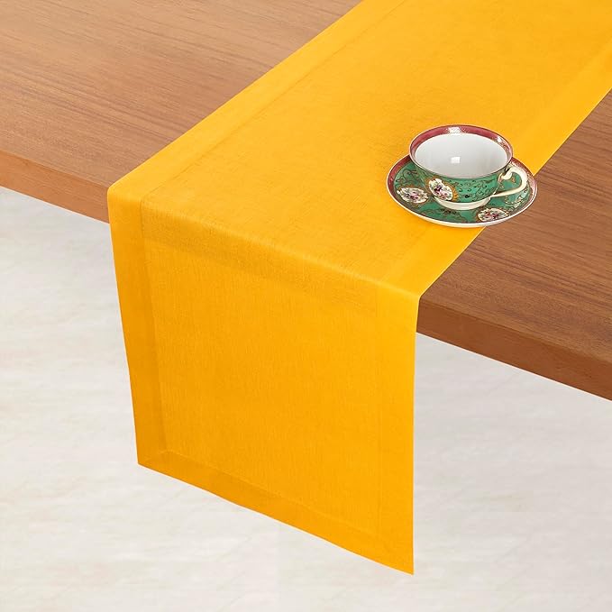 D'Moksha Homes Linen Table Runner 54 Inches - 100% Pure Linen Sunflower Yellow Table Runner 14 x 54 Inch for Dresser, Coffee Tables, Winter, Holiday, New Year - Machine Washable