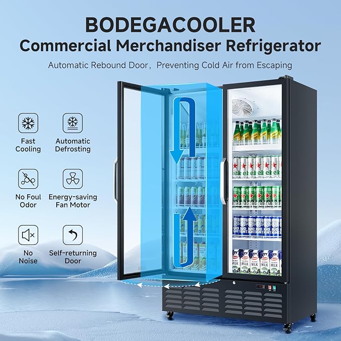 BODEGACOOLER Commercial Merchandiser Refrigerator, 2 Glass Door Display Refrigerator, 27.02 Cu.Ft Upright Beverage Display Cooler with Soft LED Light, Adjustable Shelves, 4 Strong Castors(Black)