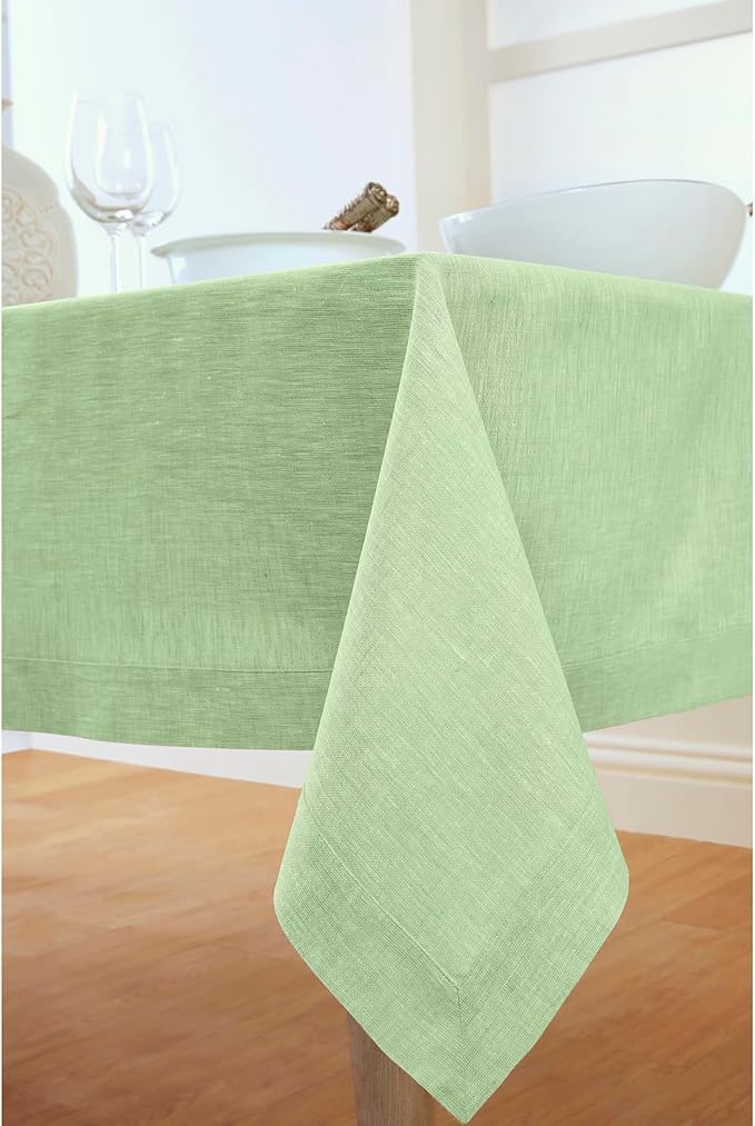 Solino Home Linen Tablecloth 60 x 108 Inch - 100% Pure Linen Chambray Green Table Cloth for Rectangular Tables - Athena, Machine Washable Cloth Tablecloth