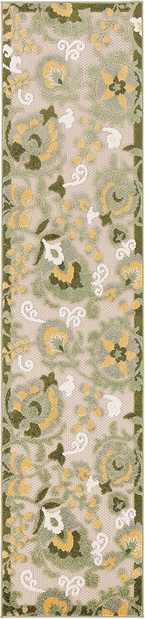 Nourison Home Aloha Ivory Green 2'3" x 8' Area Rug - Easy Clean, Non Shedding, Bed Room, Living Room, Dining Room, Kitchen (8' Runner)