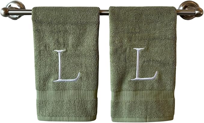 Sage Initial Hand Towel for Bathroom - Monogrammed Luxury Hotel Quality Decorative Embroidered Towel for Powder Room, Spa - GOTS Organic Certified - Set of 2 Letter L