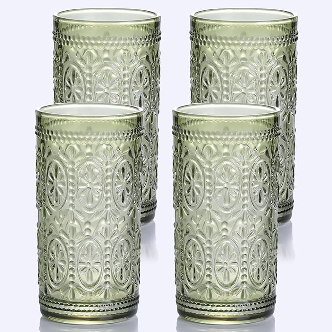 Green Drinking Glasses Set of 4, Vintage Drinking Glasses, Colored Glassware Drinking, Highball Beverage Glasses Cup, Vintage Glassware Set for Water, Juice, Cocktail, Coffee