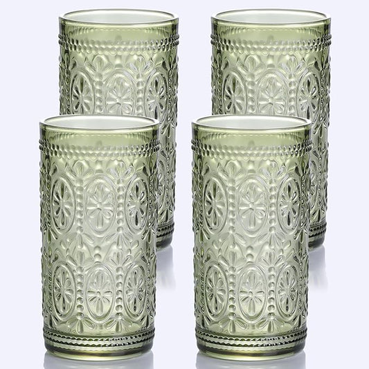 Green Drinking Glasses Set of 4, Vintage Drinking Glasses, Colored Glassware Drinking, Highball Beverage Glasses Cup, Vintage Glassware Set for Water, Juice, Cocktail, Coffee