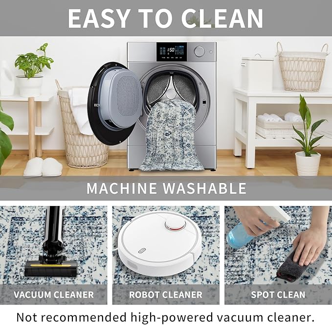 Easy-Going Round Rug 6ft Area Rug Washable Boho Circle Rugs for Living Room Non-Slip Bedroom Rug Low Pile Lightweight Floral Print Vintage Throw Rug for Dining Room Kitchen Home Office, Blue Cream