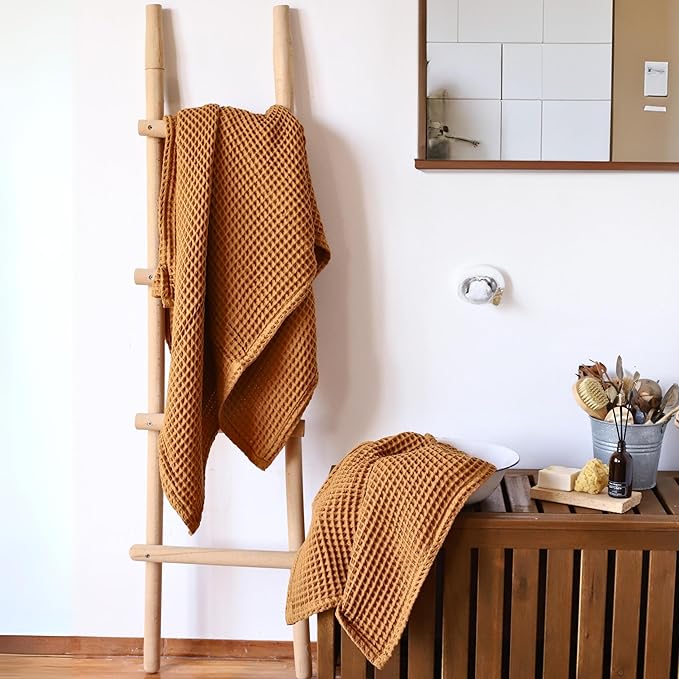 2-Piece Waffle Towels Set for Bathroom Caamel Brown - Soft 100% Turkish Cotton Quick-Dry Lint-Free Waffle Weave Thin Bath and Hand Towels (Caramel, Set of 2 Mix Towels)