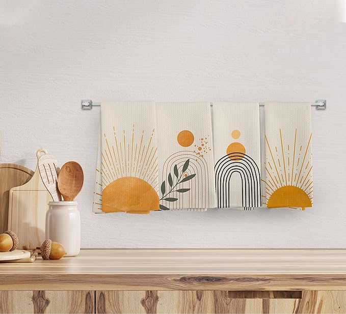 Boho Abstract Orange Sunshine Kitchen Towels and Dishcloths Set of 4, Boho Mid Century Modern Abstract Minimalist Sunshine Drying Cloth Hand Dish Tea Towels for Bathroom Kitchen, 16x24 Inches
