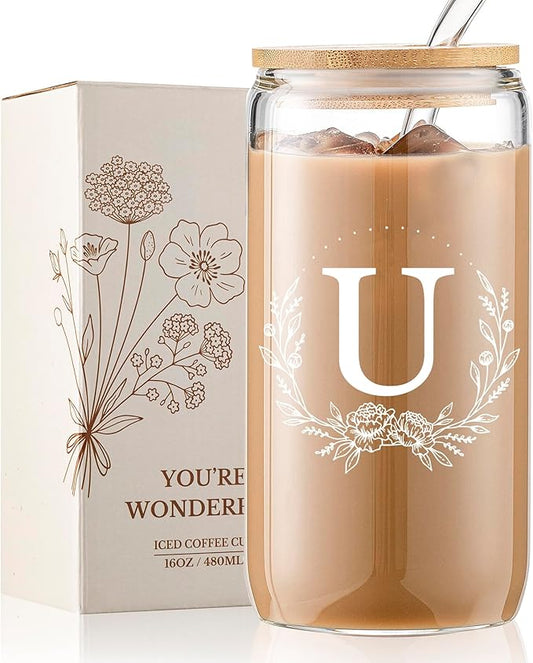Personalized Gifts for Women, Monogrammed 16oz Glass Cups with Bamboo Lids and Straws, Customized Glass Tumbler, Cute Custom Mug, Customizable Initial Iced Coffee Glasses, Birthday Bridesmaid Mom, U