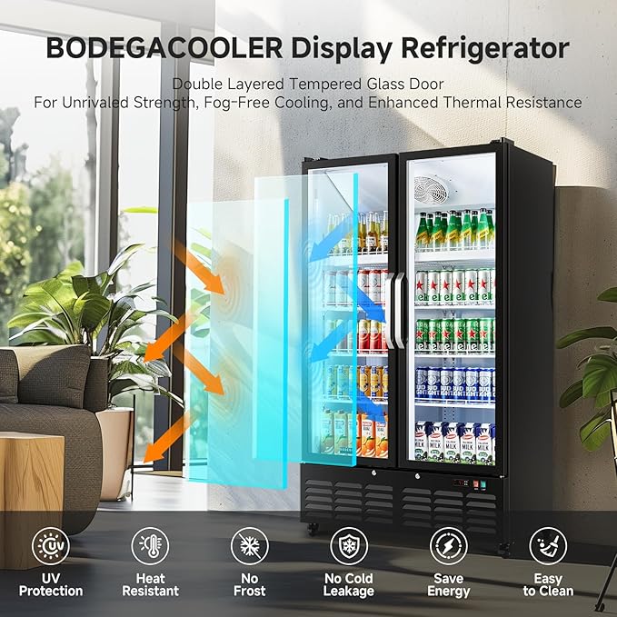 BODEGACOOLER Commercial Merchandiser Refrigerator, 2 Glass Door Display Refrigerator, 27.02 Cu.Ft Upright Beverage Display Cooler with Soft LED Light, Adjustable Shelves, 4 Strong Castors(Black)