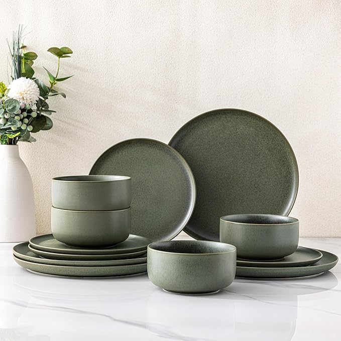 LERATIO Stoneware Dinnerware Sets for 4,Handcarft Ceramic Plates and Bowls Sets,Chip and Scratch Resistant Dishes, Dishwasher & Microwave Safe, Oven safe,Reactive Glaze-Green
