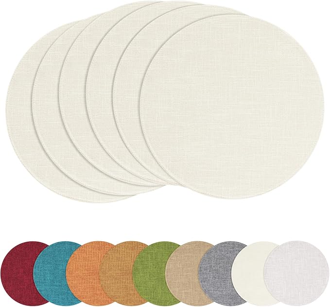 homing 15 Inch Round Cloth Placemats Set of 6, Cotton Linen Blend Washable Table Mats, Farmhouse Dining Place Mats for Indoors & Outdoors, Easy to Clean, Cream