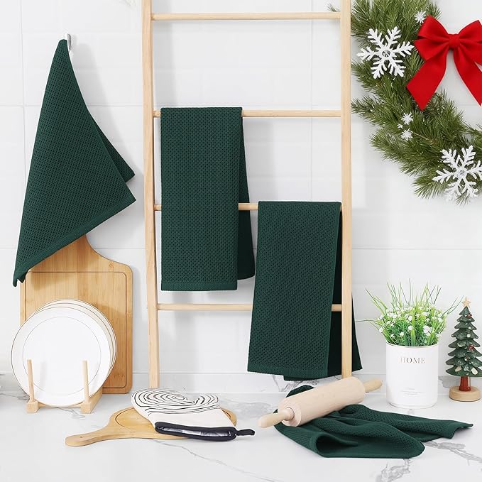 Homaxy 100% Cotton Waffle Weave Kitchen Dish Towels, Ultra Soft Absorbent Quick Drying Cleaning Towel, 13 x 28 Inches, 4-Pack, Blackish Green