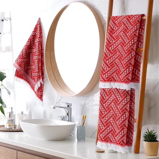 4 Pack Boho Bathroom Hand Towel 14 x 30 Inch 100% Turkish Cotton Decorative Boho Kitchen Hand Towel Farmhouse Bathroom Decor Set Absorbent Soft Guest Tea Gift(Red,White)