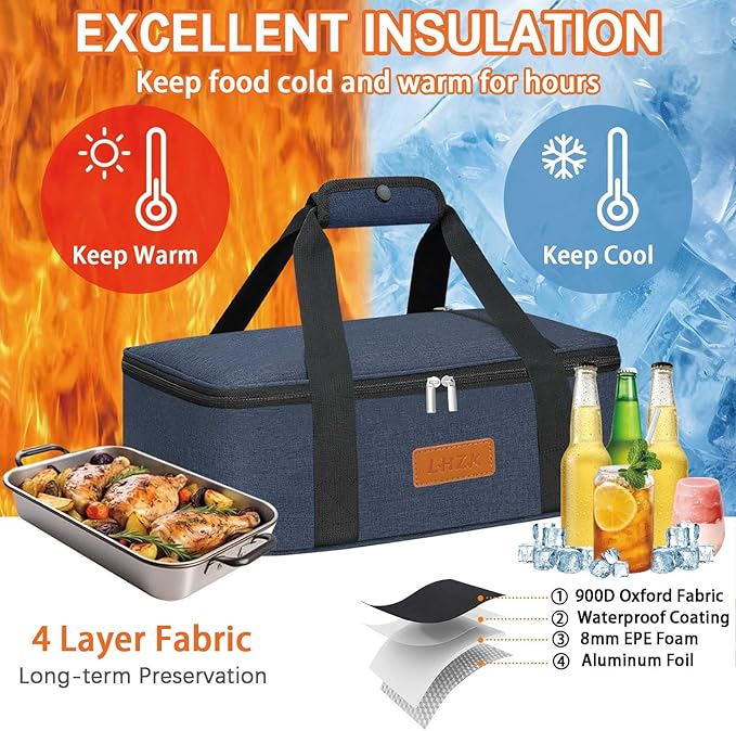 LHZK Insulated Casserole Carriers for Hot or Cold Food, Lasagna Holder Tote for Potluck Parties, Beach, Picnic, Travel, Fits 11x15 or 9x13 Dish (Blue)