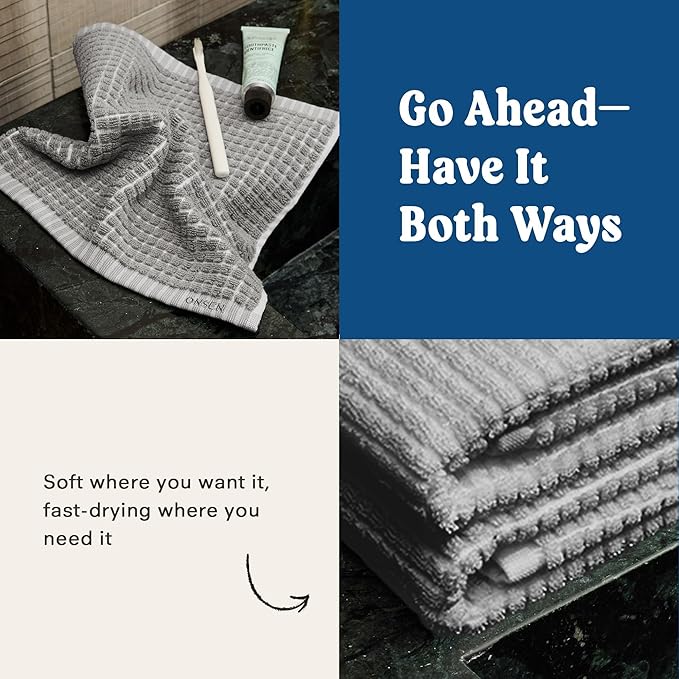 ONSEN Terry Cotton Waffle Hand Towel Set – 2 Pack Luxury Cotton Hand Towels, Quick Dry & Absorbent Bathroom Towels – Soft, Lightweight, Durable Towels for Bathroom Essentials (Grey Fog, 20x30 in)