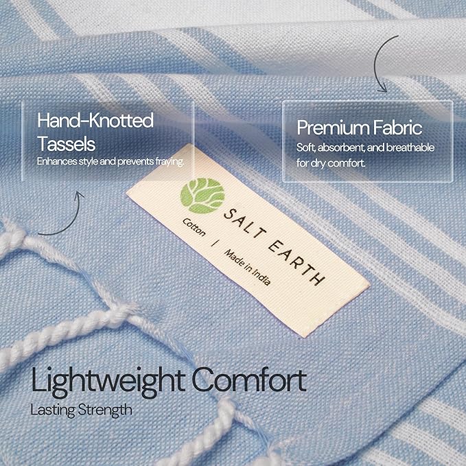 Salt Earth Cotton Turkish Beach Towel, Set of 2-36" X72" Large Bath Towels, Quick Dry Towel, Bathroom, Beach Essentials, Gym, Quick Dry for Shower, Lightweight Large Towels for All (Sky Blue)