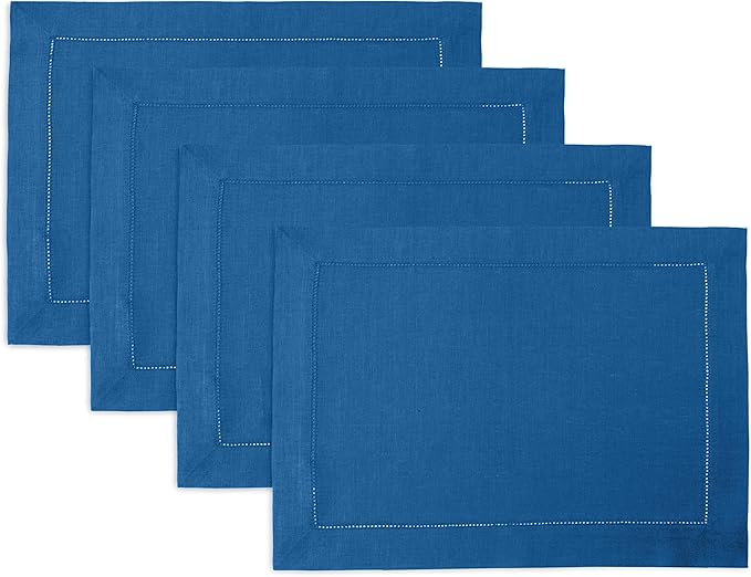Solino Home Linen Placemats Set of 4 - Classic Hemstitch Indigo Blue Placemats 14 x 19 Inch - 100% Pure Linen Table Mats for Holiday, Winter, New Year