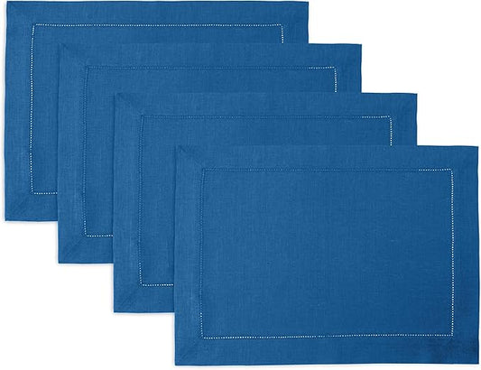 Solino Home Linen Placemats Set of 4 - Classic Hemstitch Indigo Blue Placemats 14 x 19 Inch - 100% Pure Linen Table Mats for Holiday, Winter, New Year