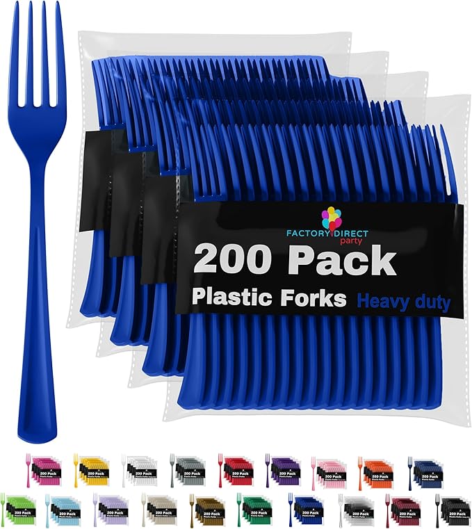 Party Solids Dark Blue Plastic Forks 200 Pcs Dark Blue Forks Disposable Utensils Heavy Duty Plastic Cutlery Set Disposable Cutlery Sets Flatware Sets Silverware Set Party Supplies & Party Tableware