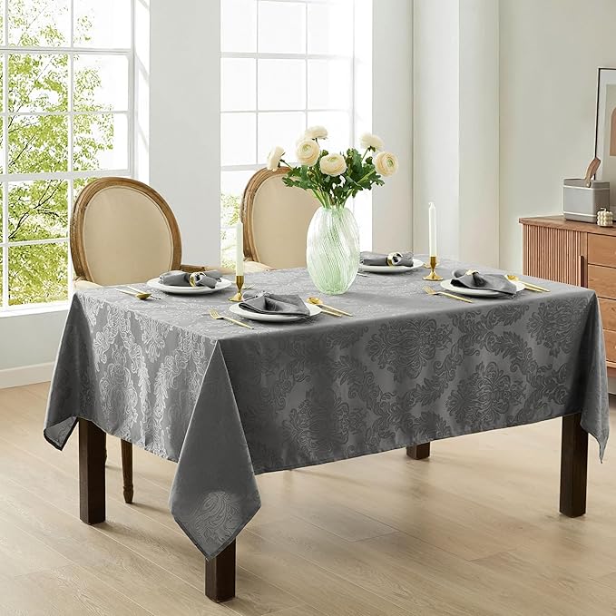 Newbridge Christmas Barcelona Damask Fabric Tablecloth, 52 x 70 Inch Rectangle, Grey – No Iron, Soil Resistant Table Cover for Dining, Parties and Holidays