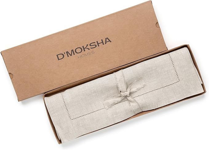 D'Moksha Homes Linen Light Natural Table Runner 72 Inches Long - 100% Pure Linen Hemstitch Table Runner 14 x 72 Inch for Dresser, Dining, Winter, Holiday, New Year - Classic Hemstitch