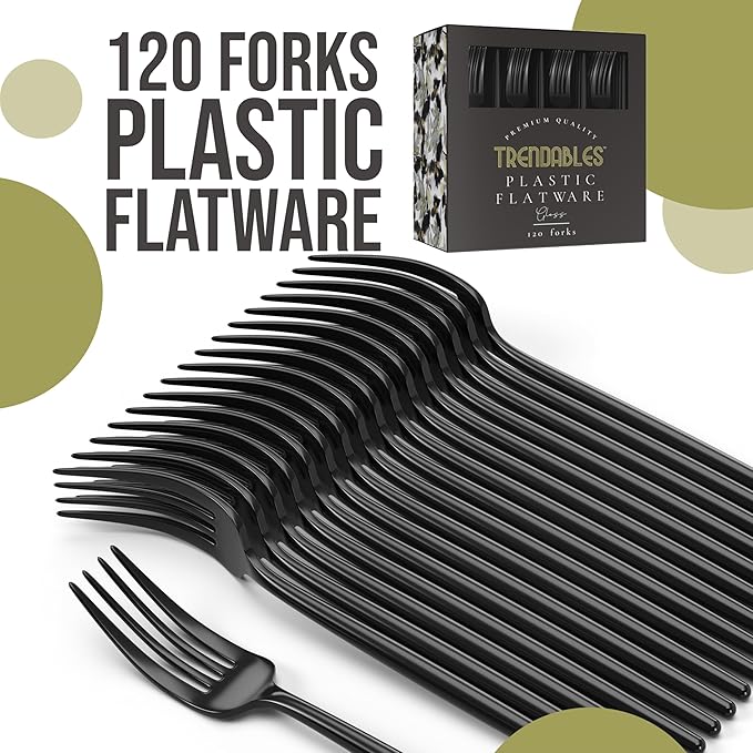 Trendables Disposable Black Plastic Cutlery Set - 120 Pack With Silverware, Forks