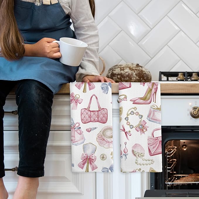 Coquette Bow Pink Bathroom Decor Kitchen Towels Set of 2, Women Fashion Hand Towels for Bathroom, Makeup Brush Perfume High Heel Modern Bath Decorative Tea Towel Dish Towels 16x24 Inch