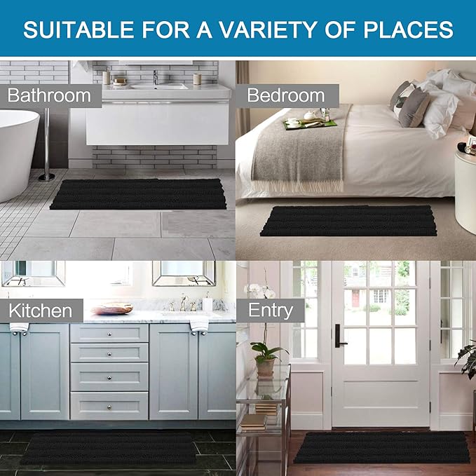 H.VERSAILTEX Bath Rugs for Bathroom Non Slip Bath Mats Extra Thick Chenille Striped Bath Rug Runners 47" x 17" Absorbent Fluffy Soft Shaggy Mats Dry Fast Plush Area Carpet for Bath Room - Black