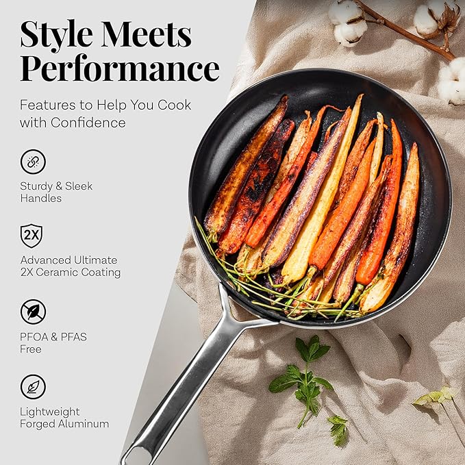 Gotham Steel Modern 11 Pc Ceramic Cookware Set, Elegantly Designed Pots and Pans Set Non Stick with Steamer, Induction Bottom, Premium Stay Cool Handles, Non Toxic PFOA Free, Oven & Dishwasher Safe