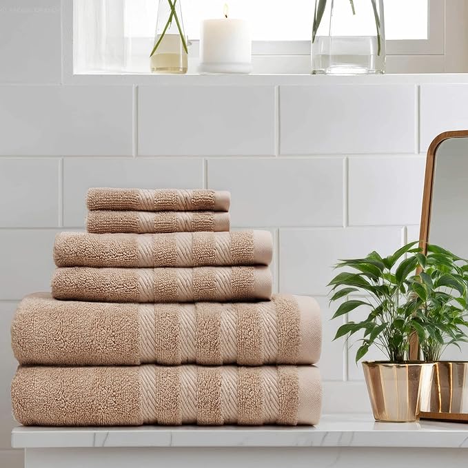 Hearth & Harbor Bath Towels for Bathroom - 100% Ring Spun Cotton Luxury Bathroom Towels - Soft & Highly Absorbent Bath Towels Set, 6 Piece Set, Beige