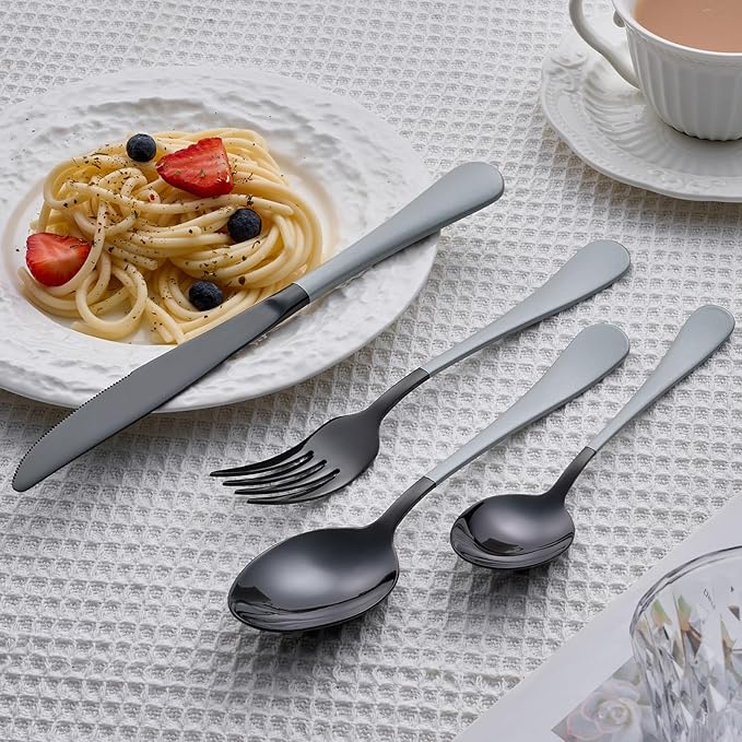 20 Piece Black gray 18/0 Flatware Utensil Set for 4, Include Dinner Knife,Dinner Forks,Dinner Spoons,Salad Forks,Teaspoons,Silverware Set for 4, Dishwasher Safe