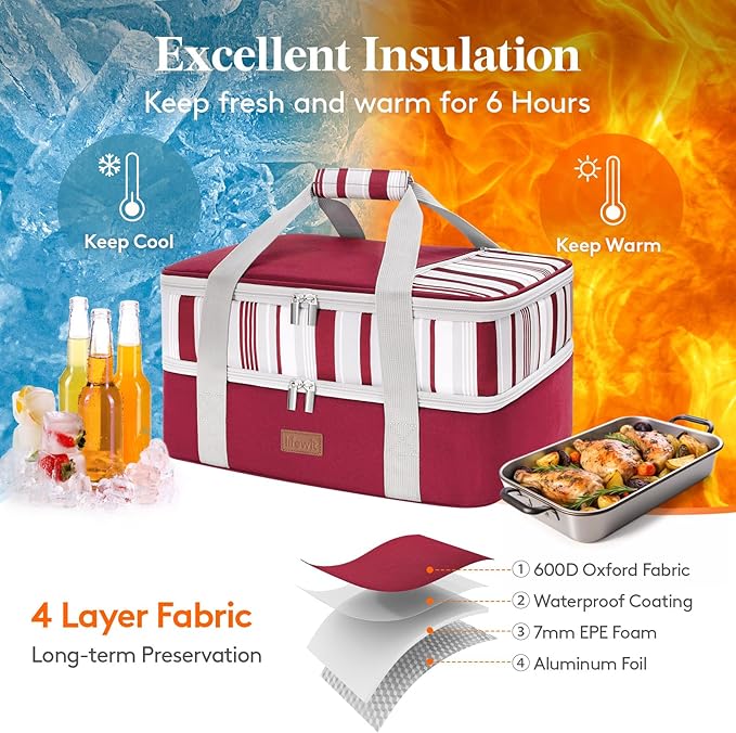 Lifewit Double Decker Insulated Casserole Carrier for Hot or Cold Food, Casserole Dish with Lid and Carrying Case, Lasagna Holder for Potluck Parties/Picnic/Cookouts, Fits 9"x13" Baking Dish, Red
