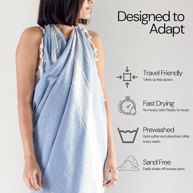 Salt Earth Cotton Turkish Beach Towel, Set of 4-36" X72" Large Bath Towels, Quick Dry Towel, Bathroom, Beach Essentials, Gym, Quick Dry for Shower, Lightweight Large Towels for All (Sky Blue)