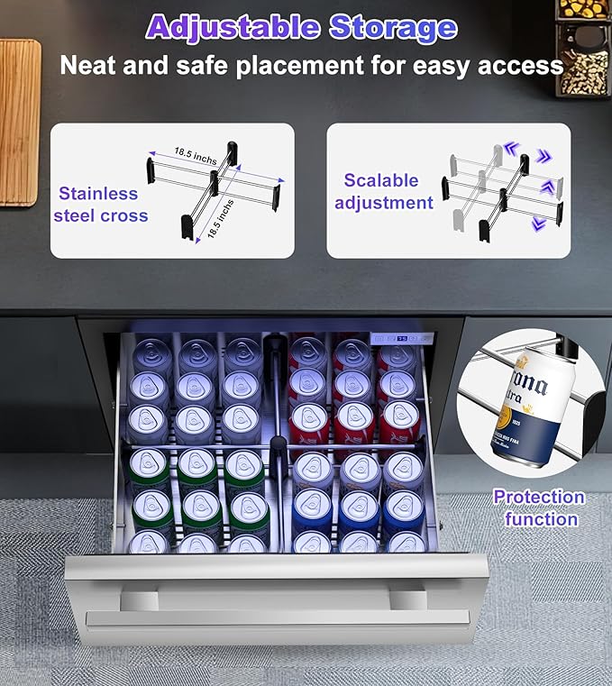 3 Drawer Beverage Refrigerator Undercounter, Hold 180 Cans 24 inch Weather Proof Stainless Steel Beverage Fridge for Outdoor, Built-in & Freestanding Beverage Cooler Fridge for Soda, Beer, Fruit