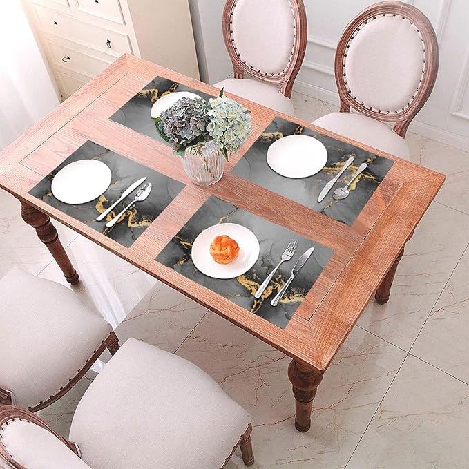 Black Gray Gold Marble Placemats Set of 4 Linen Decorative Table Mat for Dining Table Kitchen Farmhouse Outdoor Home Decor 12"x18" Abstract Modern Place Mats