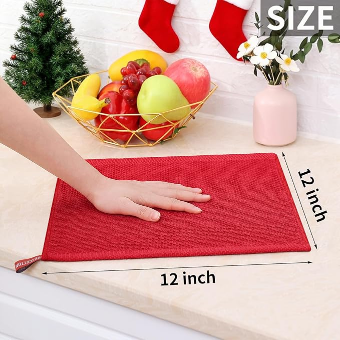 Homaxy 100% Cotton Waffle Weave Kitchen Dish Cloths, Ultra Soft Absorbent Quick Drying Dish Towels, 12 x 12 Inches, 6-Pack, Red