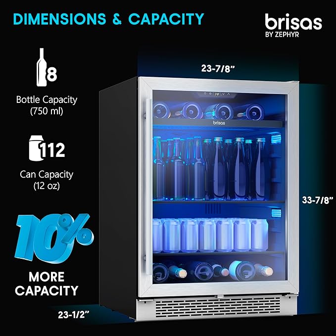Zephyr Brisas 24 Inch Wine Fridge Single Zone Under Counter - Beverage and Wine Cooler Drink Refrigerator for Home with Glass Door 8 Bottles 112 cans