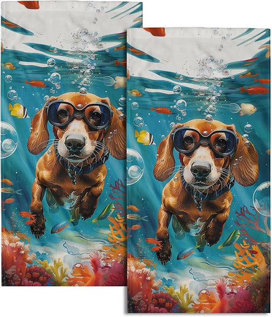 Imiss Funny Dog Hand Towels Set of 2 Sea Ocean Themed Small Bath Towel Guest Towels 14.4 x 28.3 Inch for Kitchen,Dish,Gym,Spa