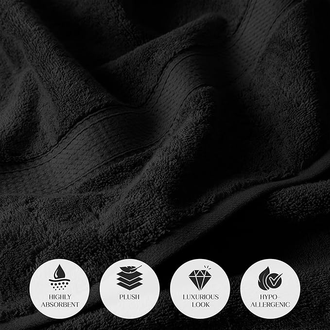 Superior Egyptian Cotton Pile Bath Towel Set of 2, Ultra Soft Luxury Towels, Thick Plush Essentials, Absorbent Heavyweight, Guest Bath, Hotel, Spa, Home Bathroom, Shower Basics, Black